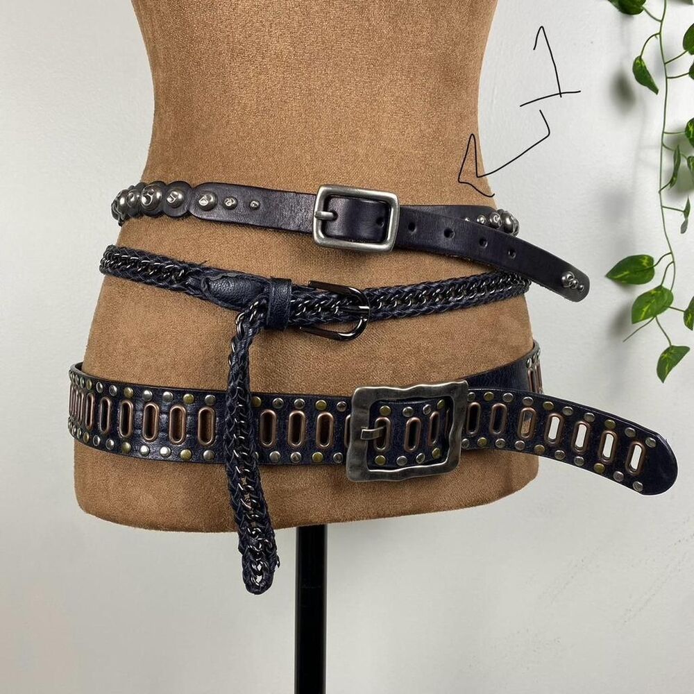 Genuine leather Black belt hammered silver studs eclectic boho western unique